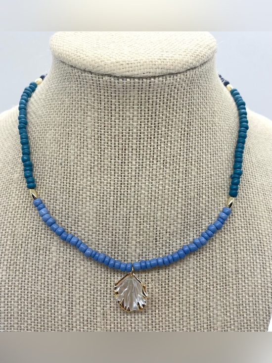 Hand Crafted Jewelry - Blue Ombré Gold Choker Beaded Necklace with White Gold Shell Charm Boho Festival